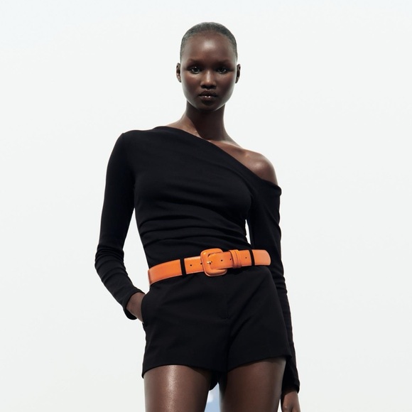 NWT. Zara Orange Leather Belt with Square Buckle. Size 30.
